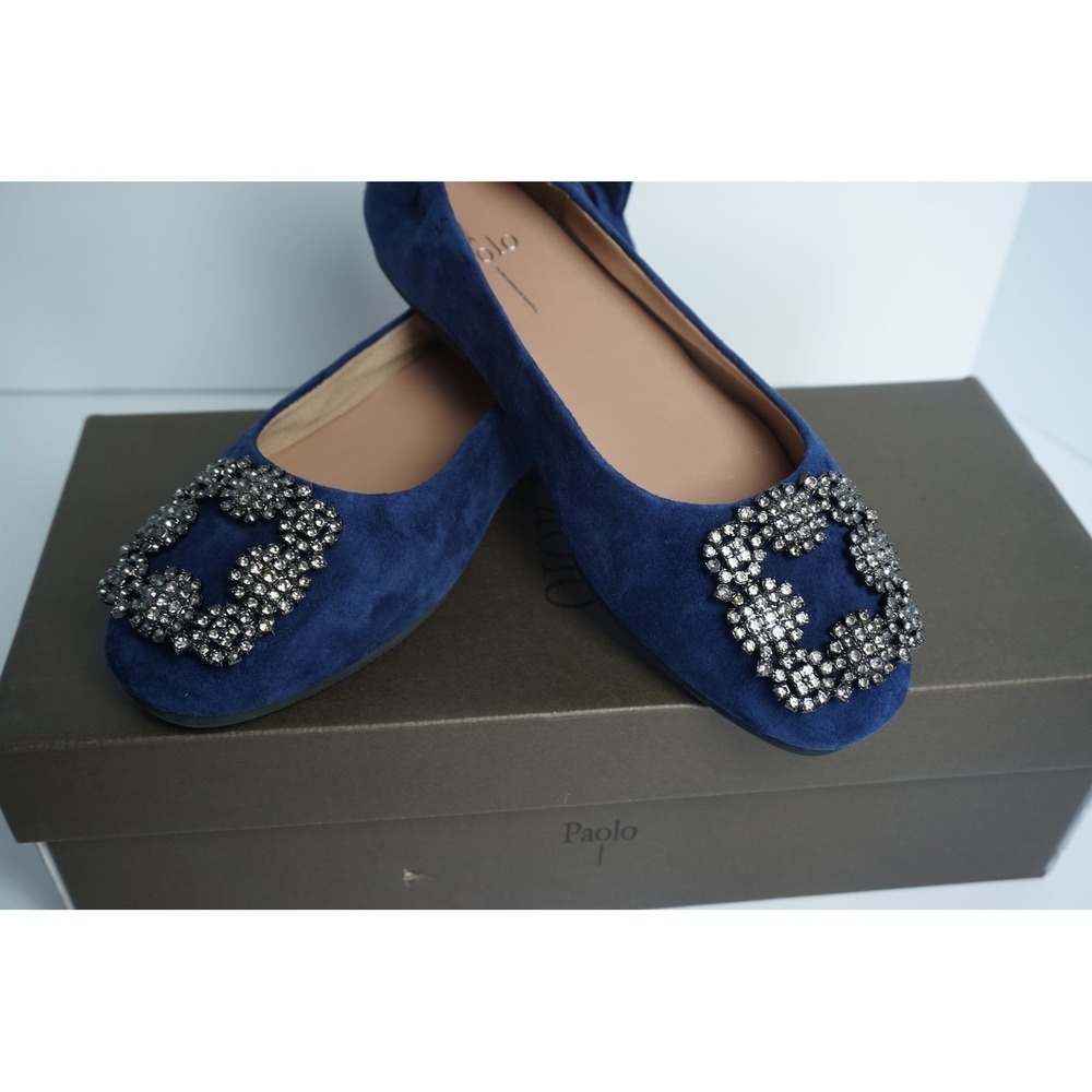 Linea Paolo Minax-L Navy Kid Suede Crystal Buckle Ballet Flats Womens 5M